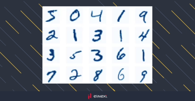 On the figure are displayed examples of random 20 elements from the MNIST dataset