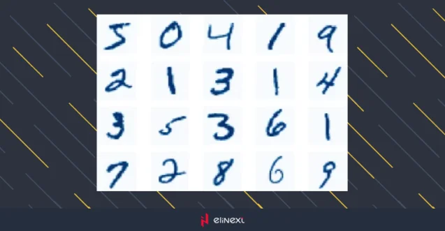 On the figure are displayed examples of random 20 elements from the MNIST dataset